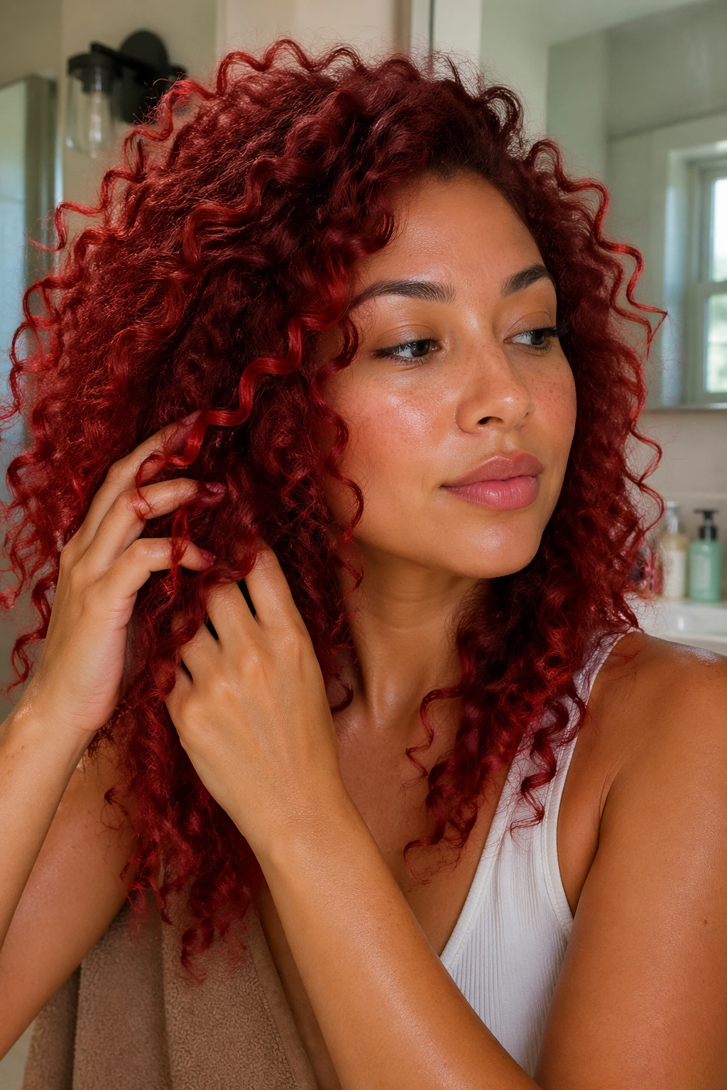 Close-up of a woman with red curls in a bathroom showing curl care