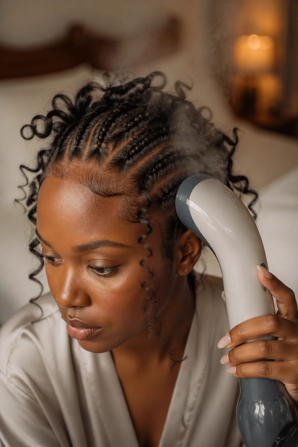 Close-up of a real person performing maintenance on butterfly cornrows with a handheld steamer