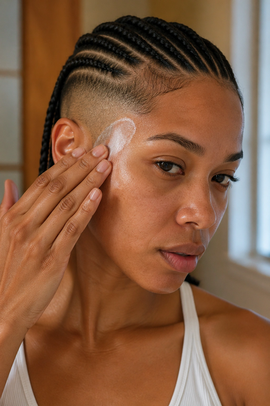 Real person applying moisturizer to shaved scalp while cornrows are on the other side