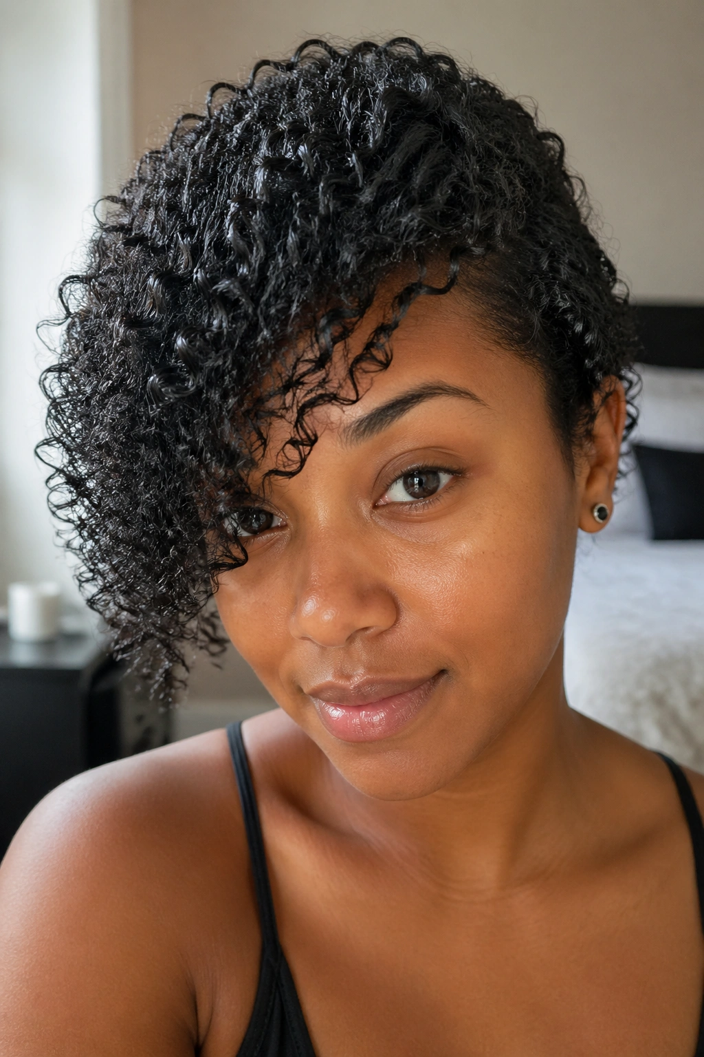 Close-up of a real woman with damp curls and a swept side bang in a bedroom.