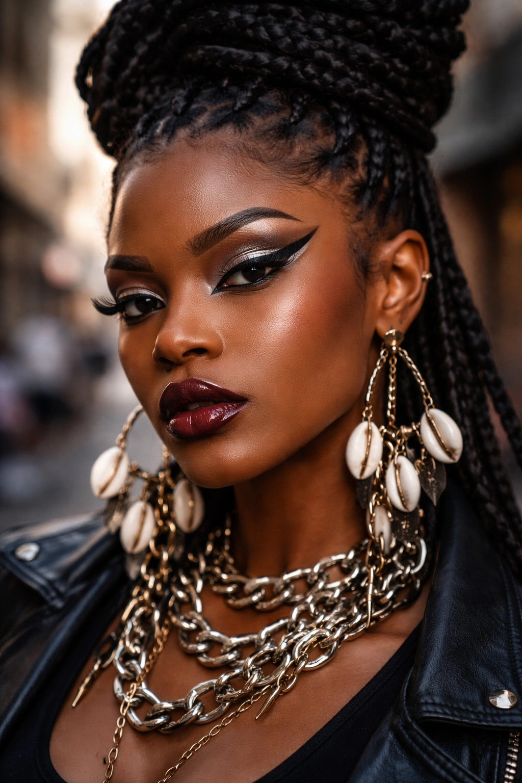 Close-up of a woman with graphic makeup and bold jewelry