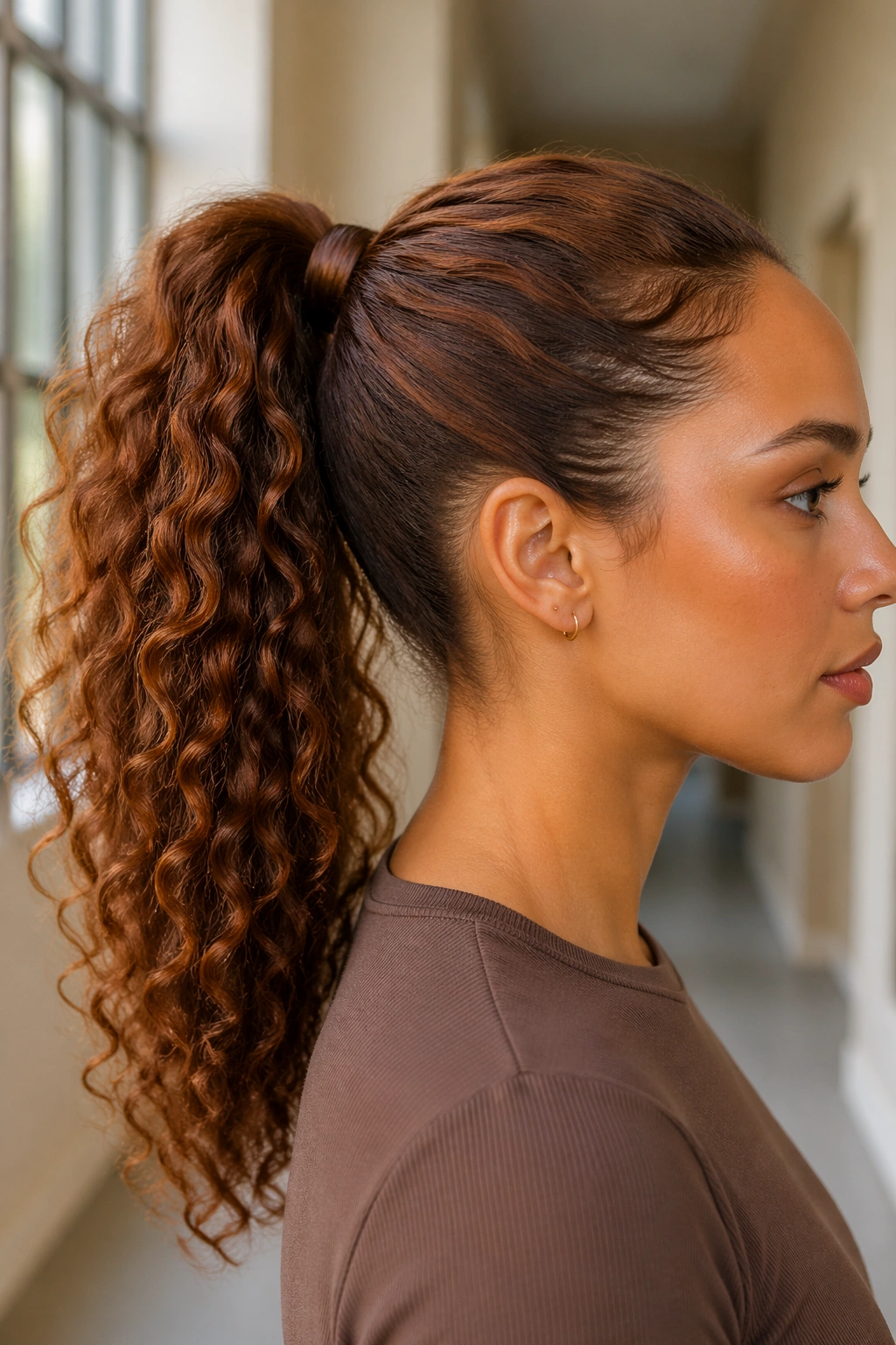 Real woman with maple wrapped ponytail showing wrapped hair around elastic