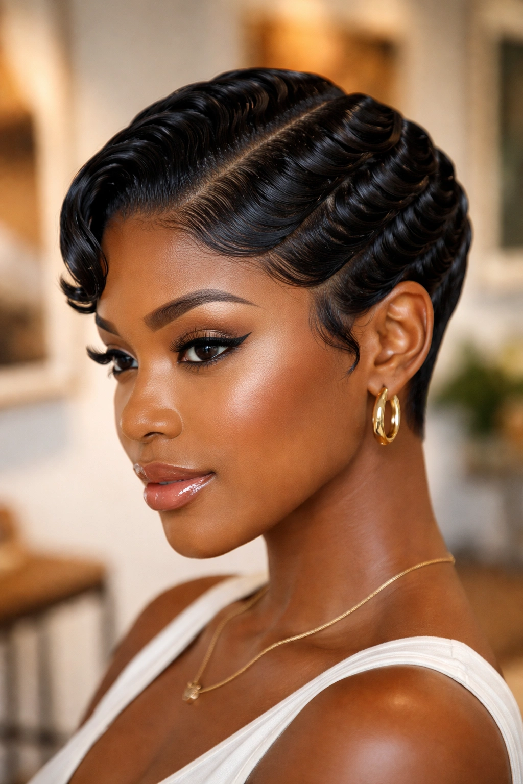 Portrait of a real woman with Marcel waves on short silk-pressed hair.