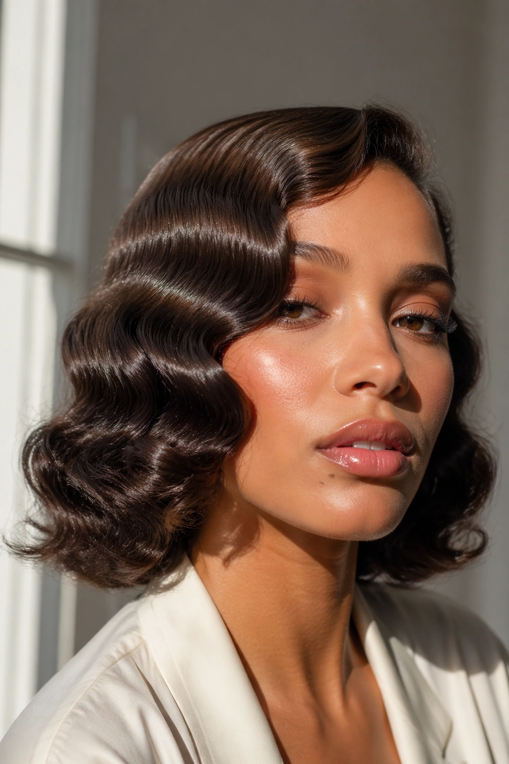 Close-up of a woman with soft Marcel waves and a glossy finish in natural light