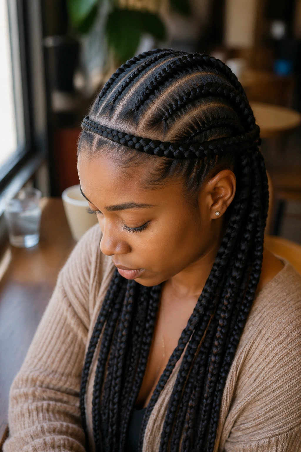 Close-up of Marley cornrows with braided belt across crown