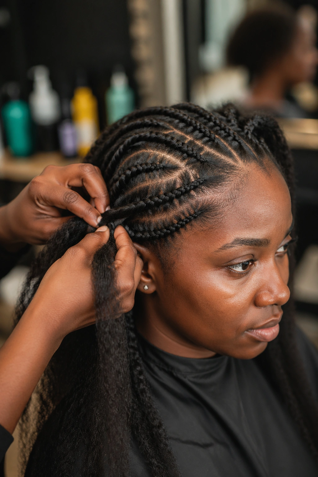 Close-up of a real person during Marley cornrow braiding