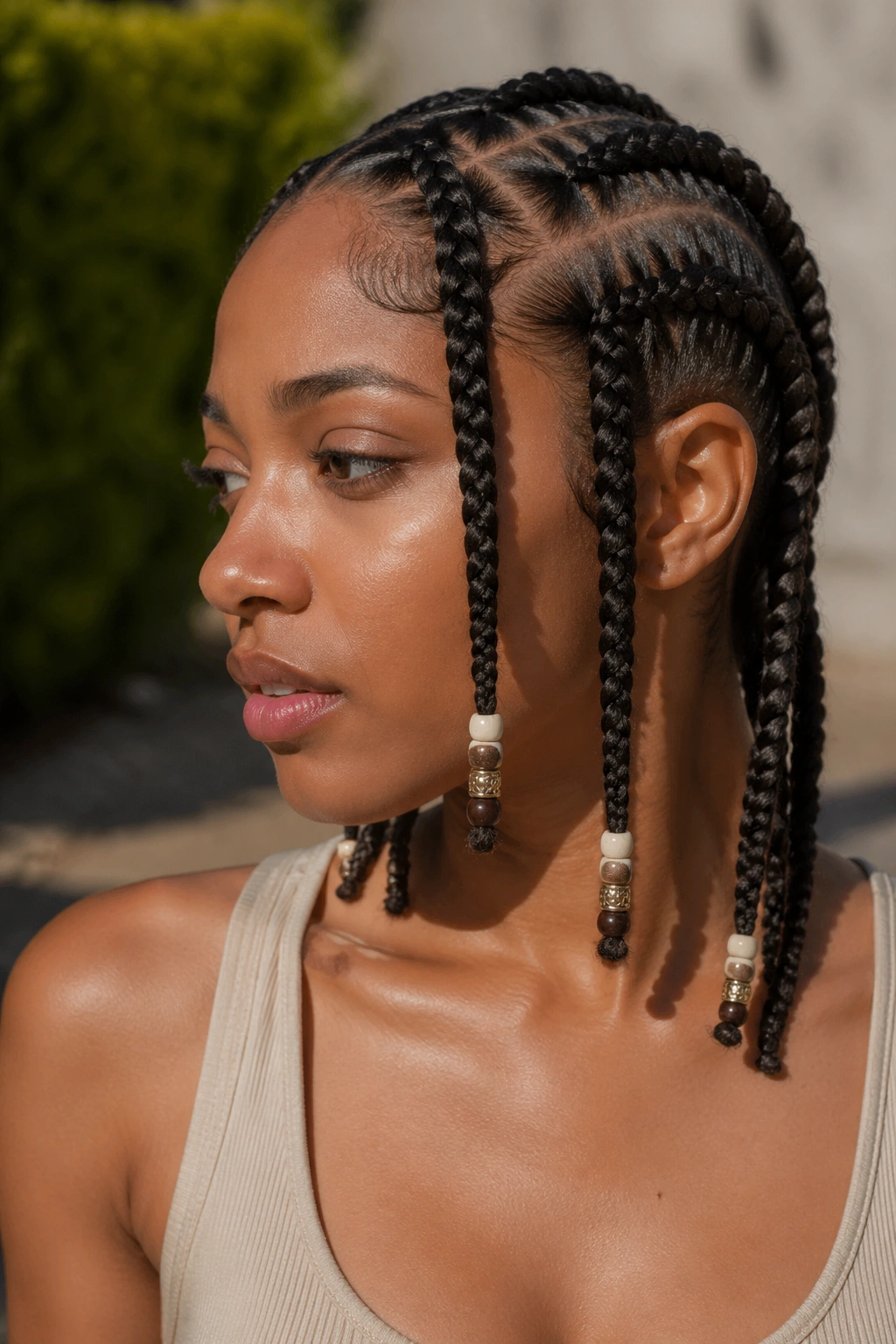 Beaded tips Marley cornrows on real woman close-up