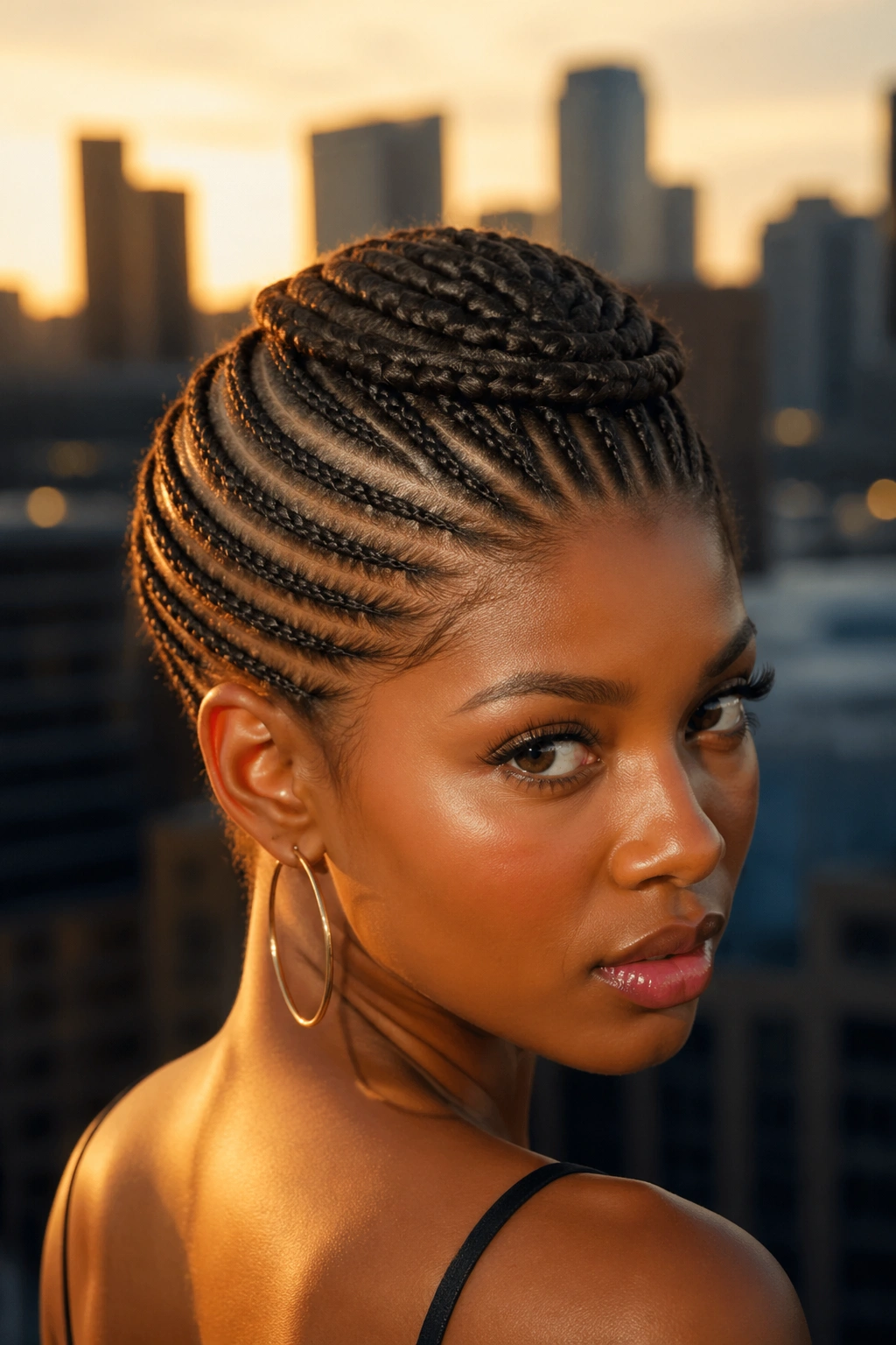 Real person with Marley cornrows forming a braided crown cap