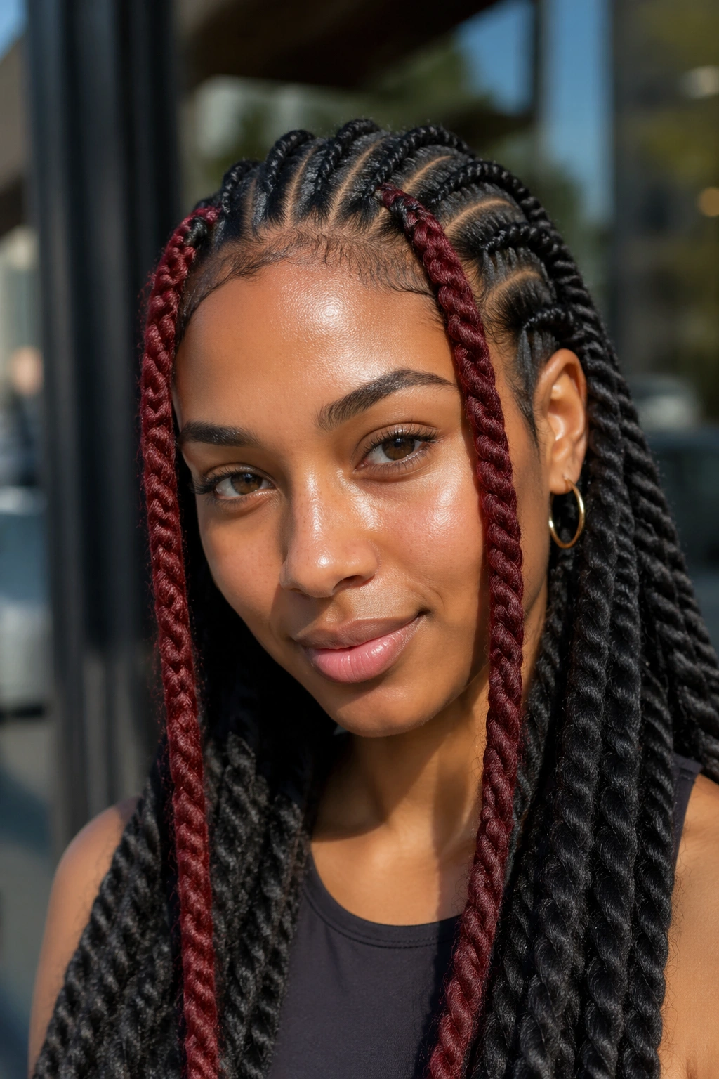 Front-facing Marley cornrows with color pops on a real woman