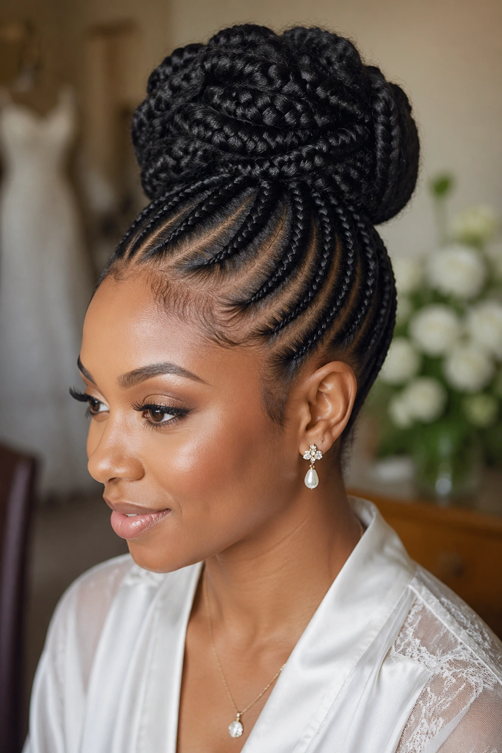 Real woman with Marley cornrows forming a high bun and halo silhouette