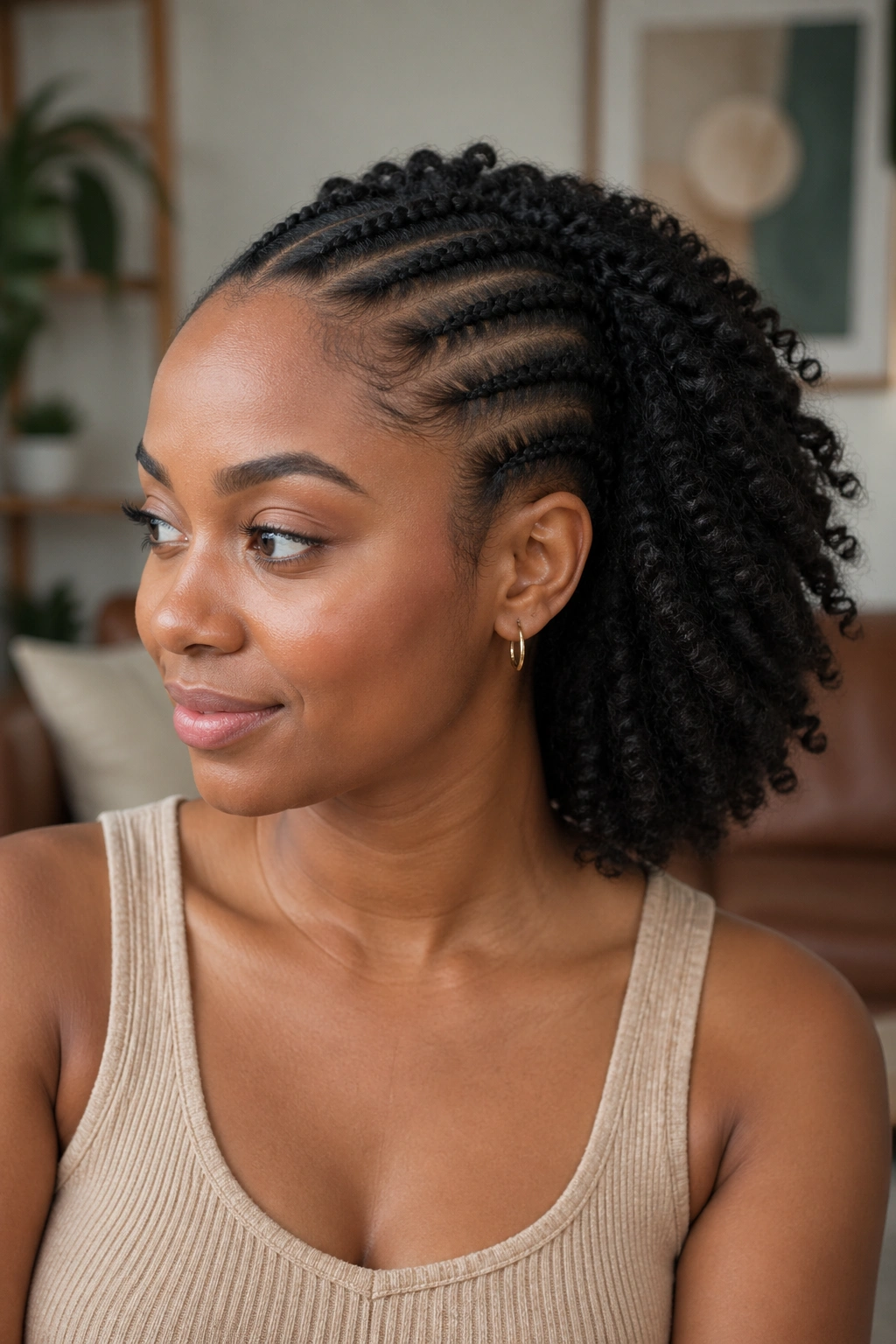 Real woman with cornrows ending in a loose Marley afro end