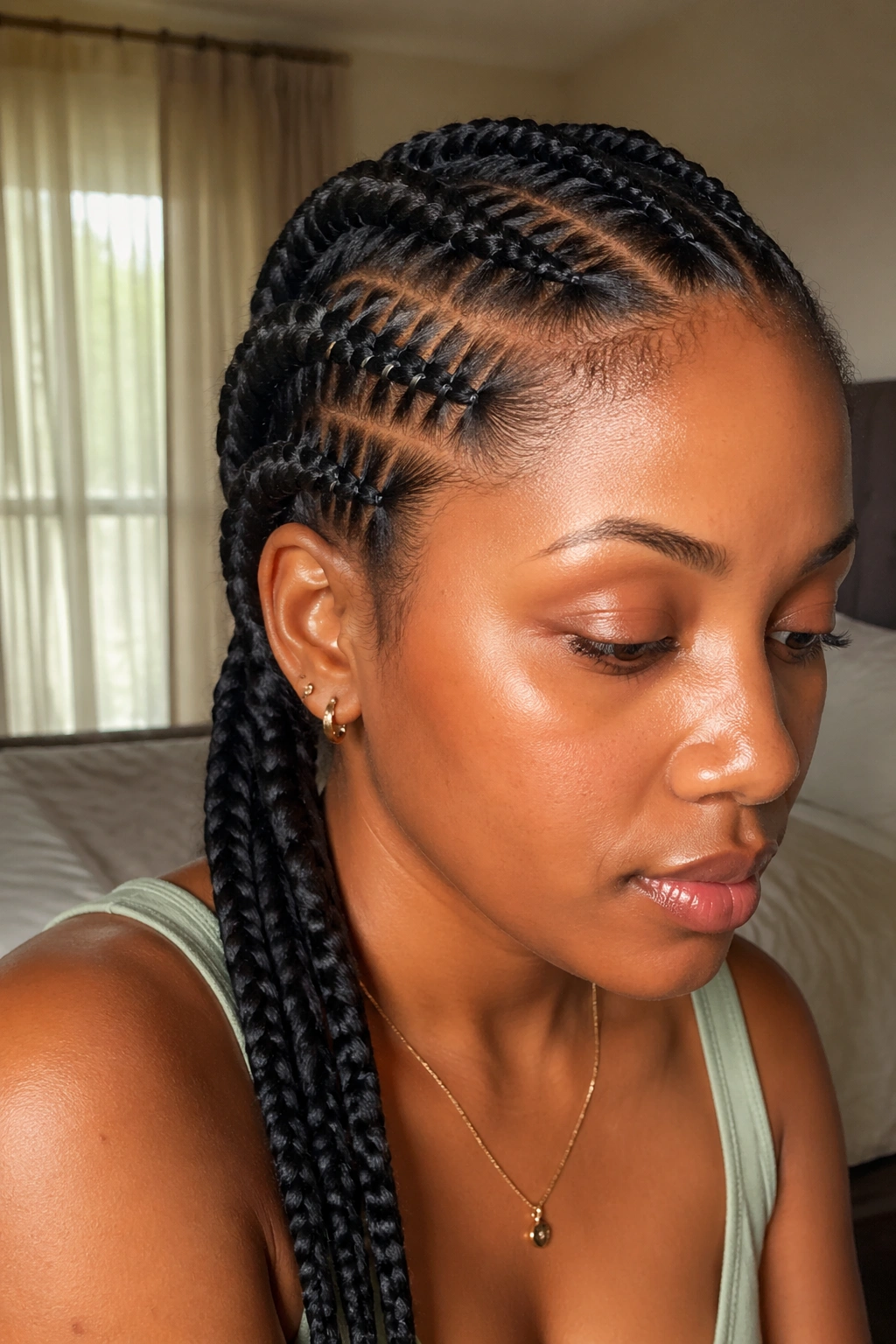 Close-up of Marley cornrows with horizontal stitch details on the scalp