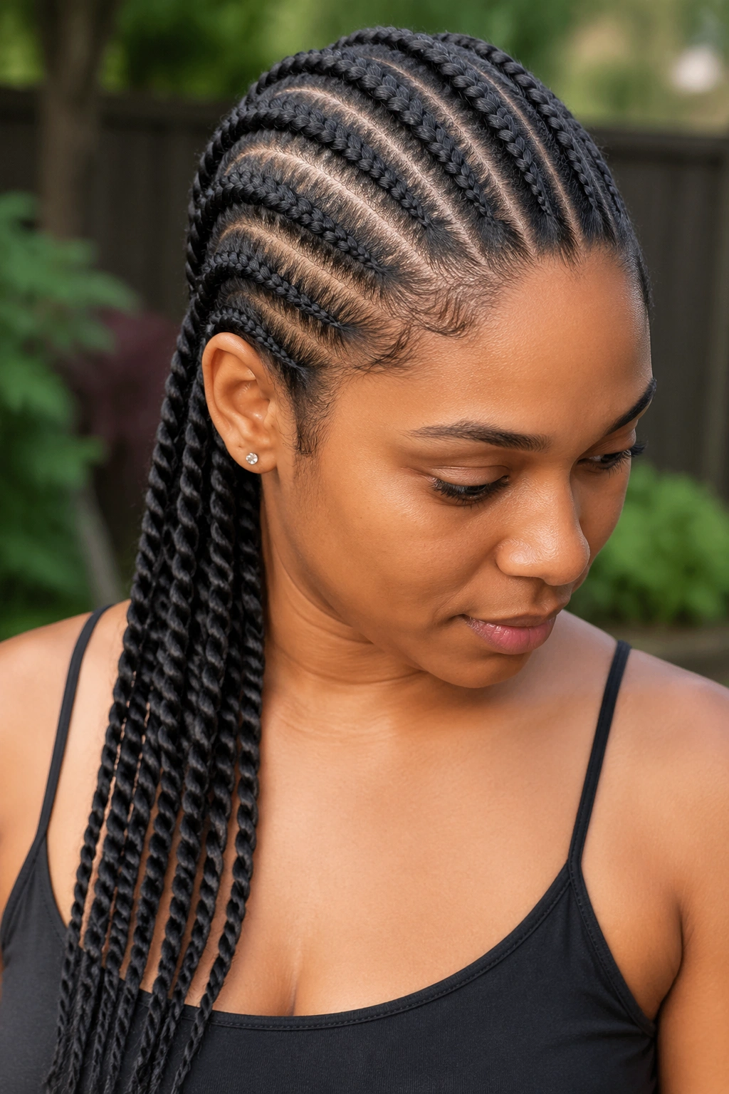 Marley cornrows transitioning from three-strand to twin-strand twists on real woman