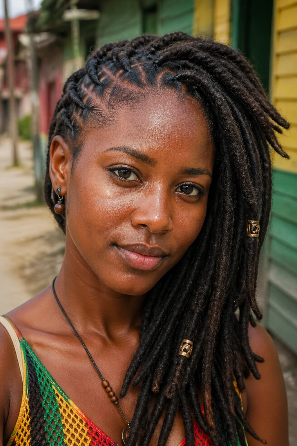 Close-up of a real Jamaican woman wearing Marley hair extensions resembling locs