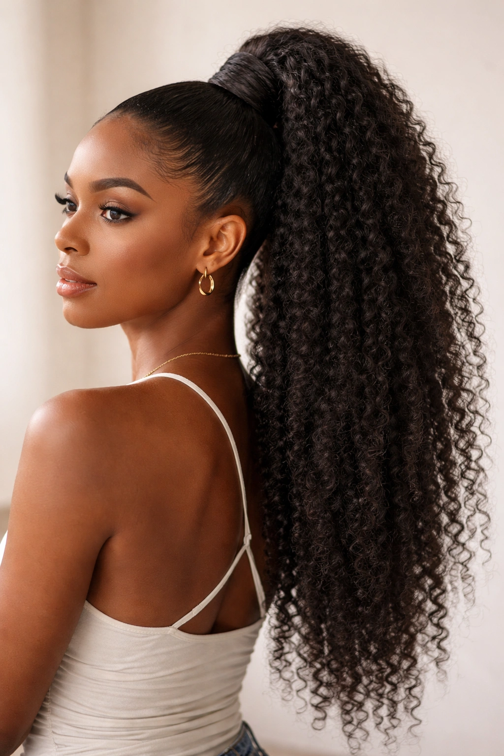 High ponytail wrapped with Marley hair blending with natural texture.