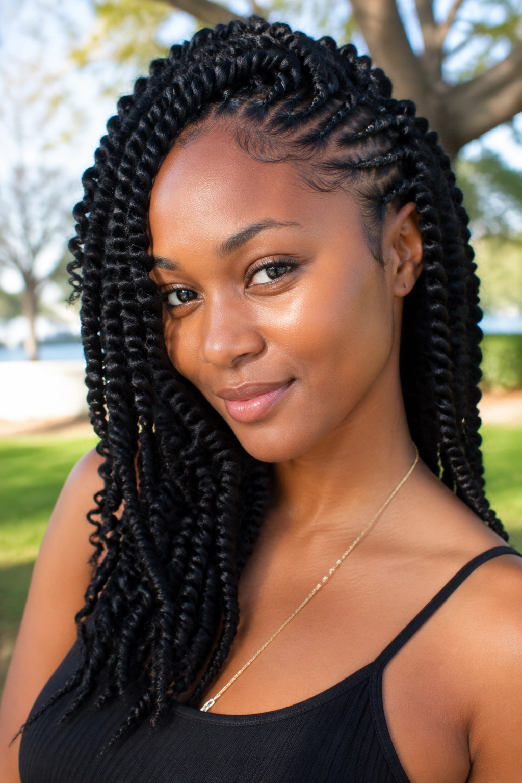 Close-up portrait of a real person wearing Marley twist crochet hairstyle in a park.