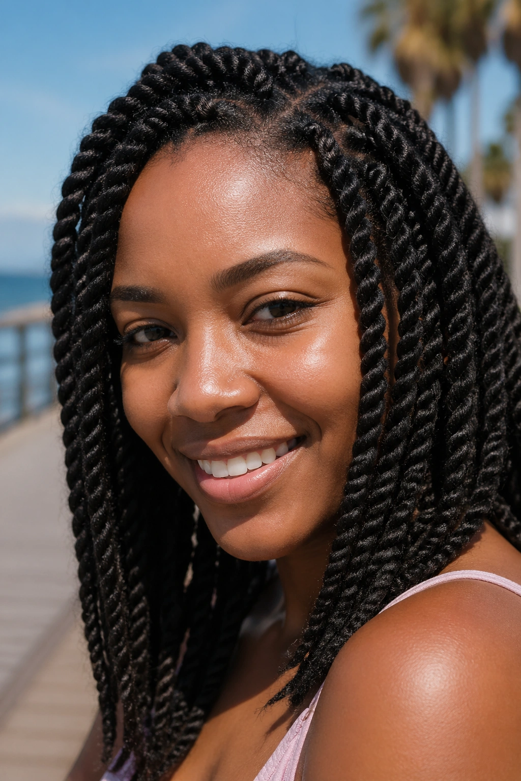 Close-up of a real person with Marley twists outdoors in warm light