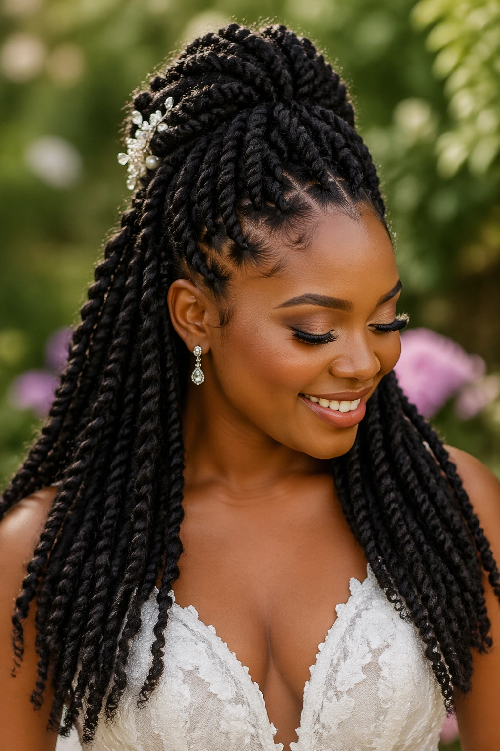 Real bride in Marley twists half up protective style outdoors