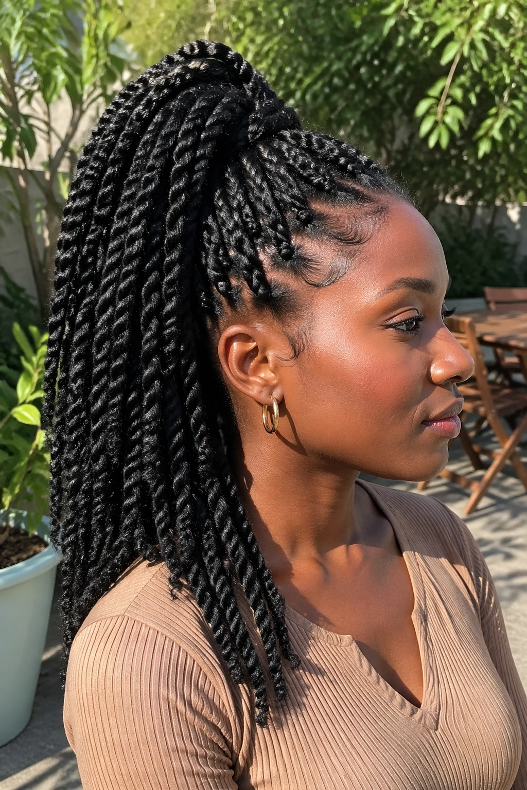 Close-up of a real person with Marley twists forming a ponytail