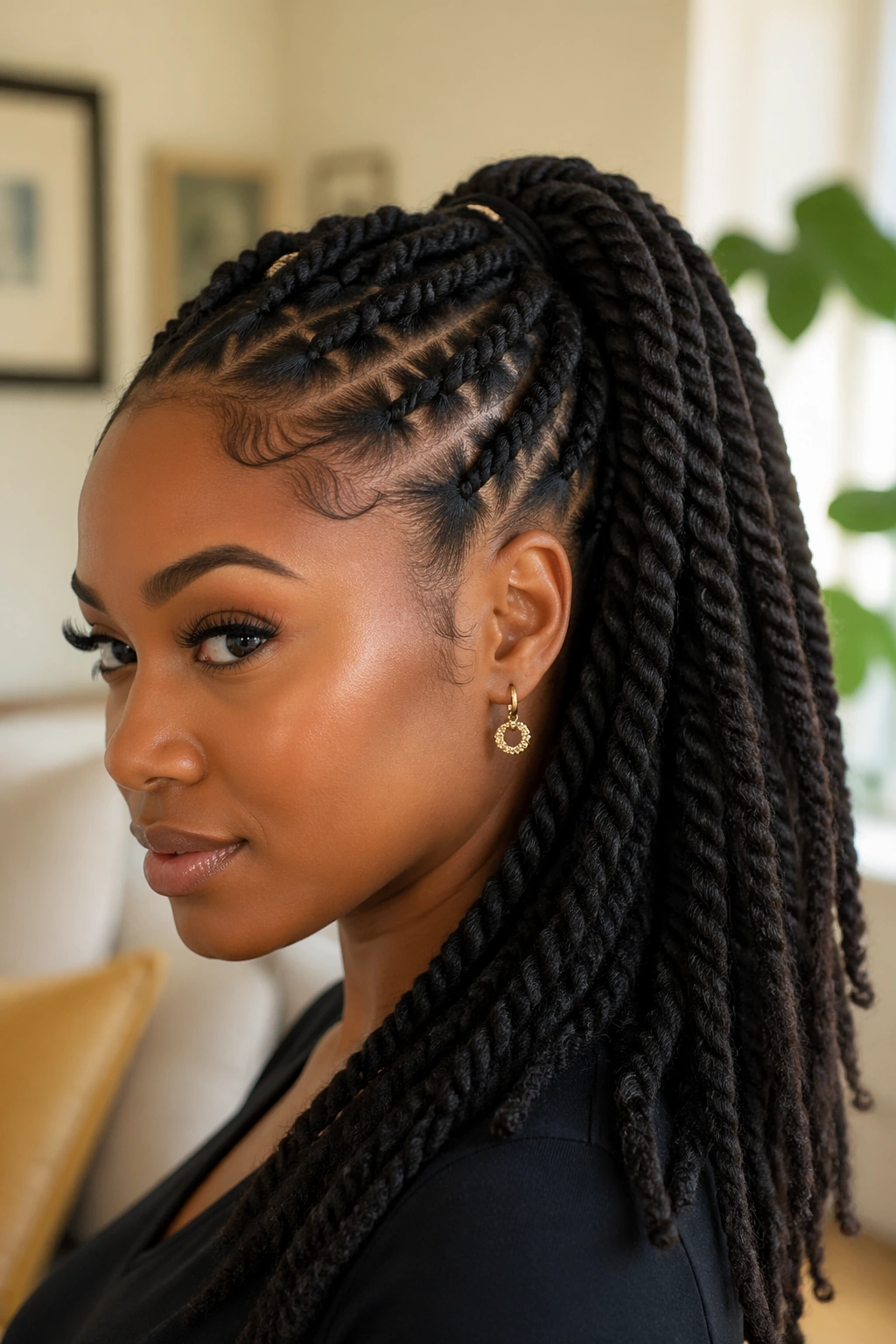 Close-up of Marley twists ponytail on a real woman in a cozy living room