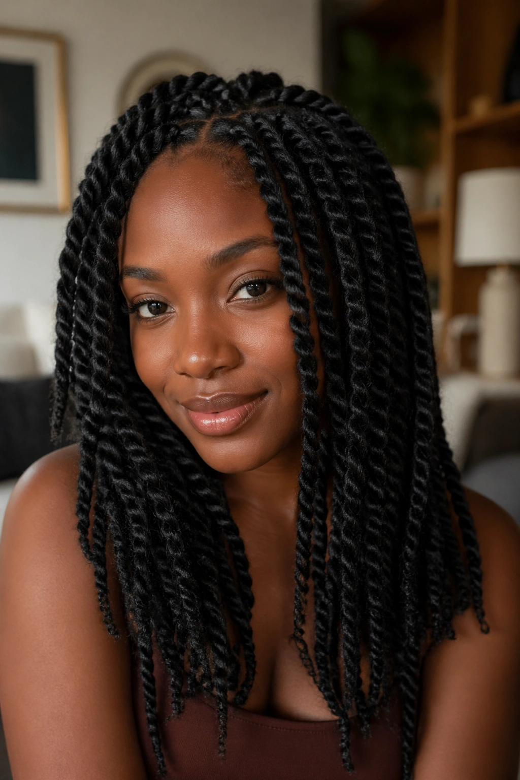 Close-up portrait of a woman with Marley twists in a cozy living room