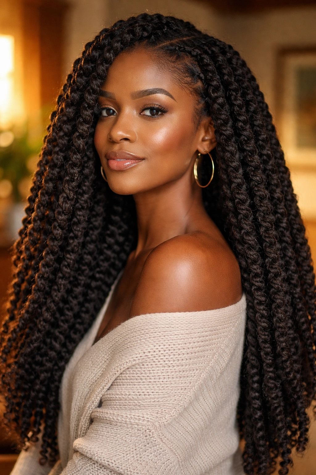 Close-up portrait of a woman with Marley twists and thick hair in a warm living room.