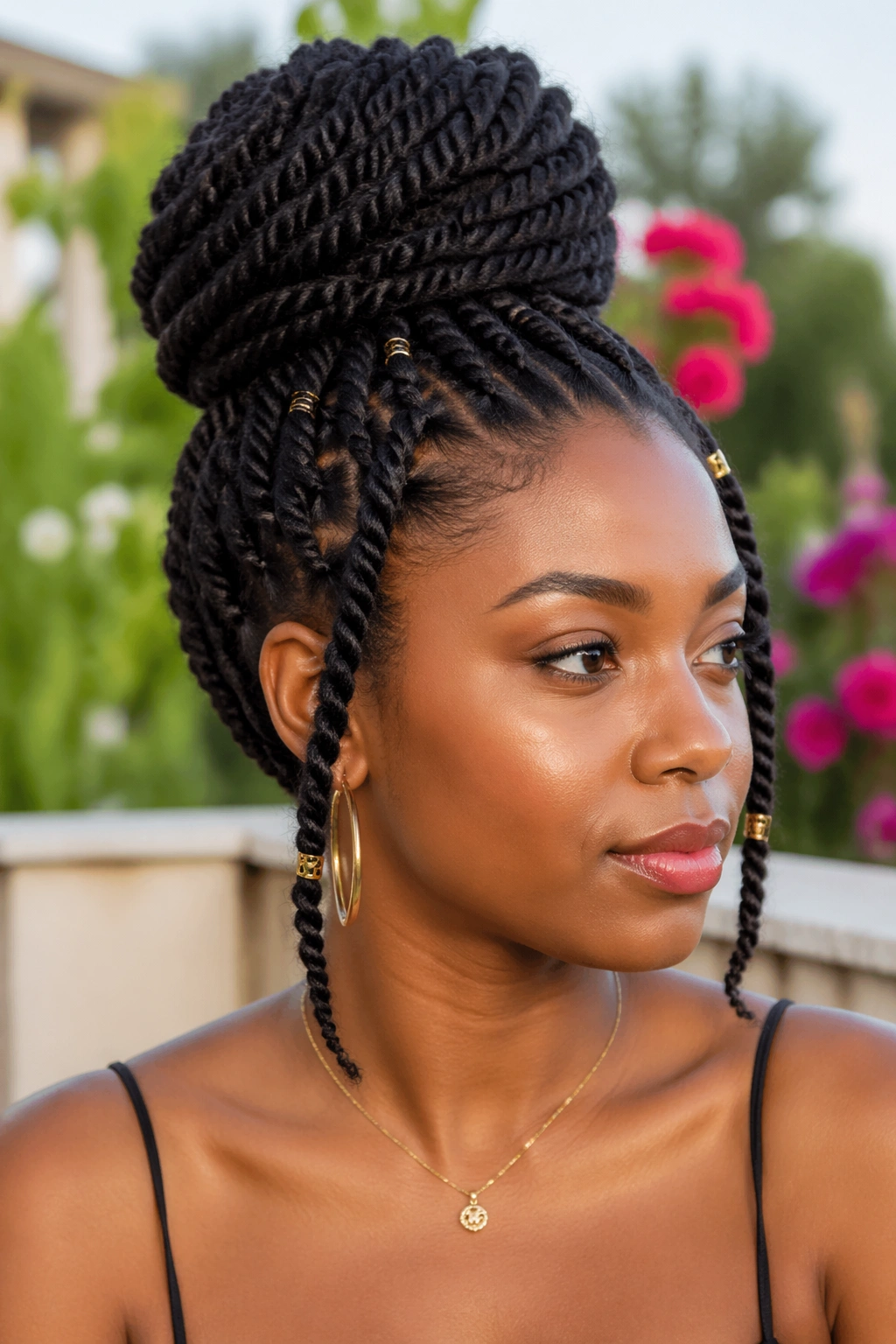 Marley twists crochet updo on a real person with a high bun