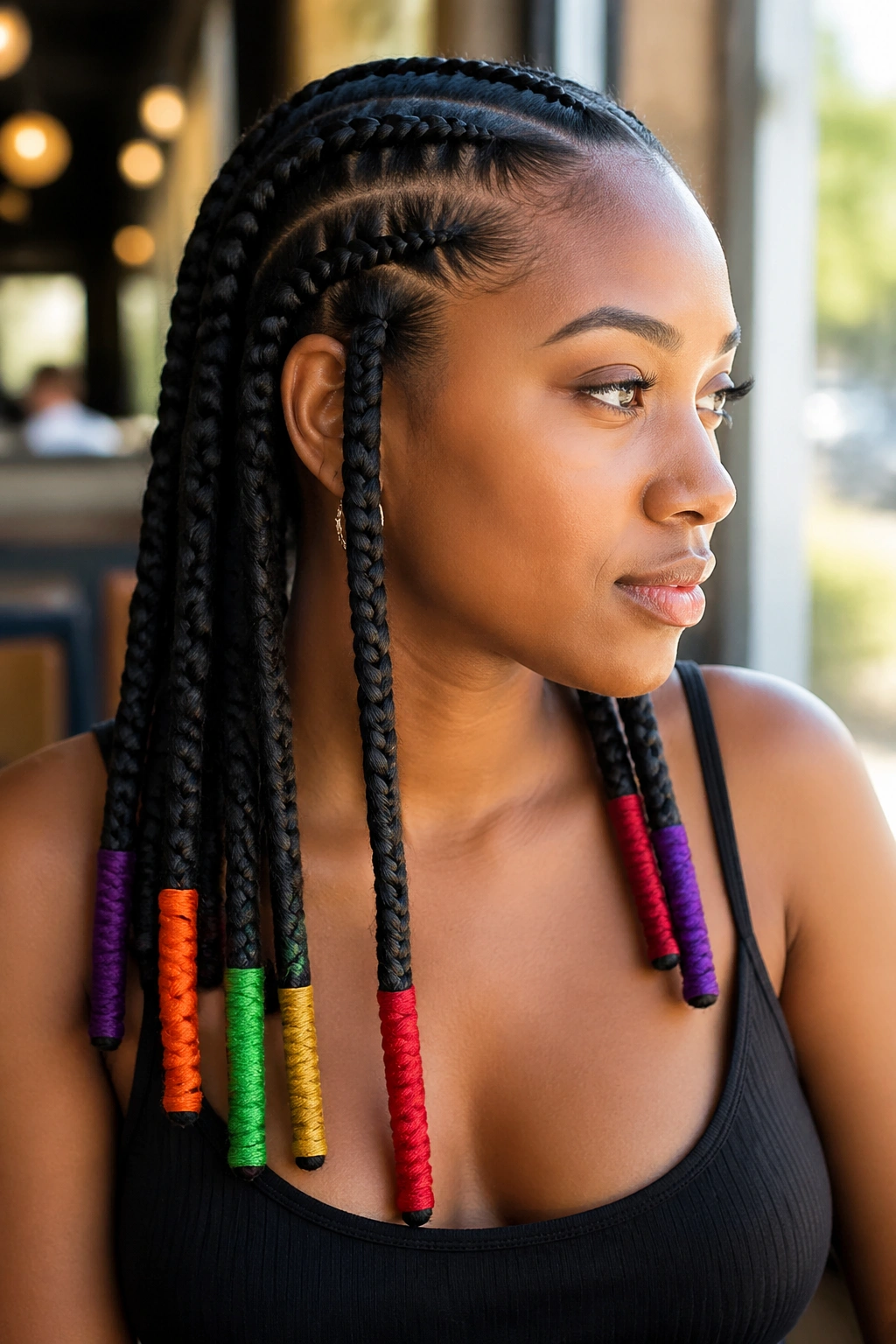 Close-up of Marley cornrows with wrapped colored ends