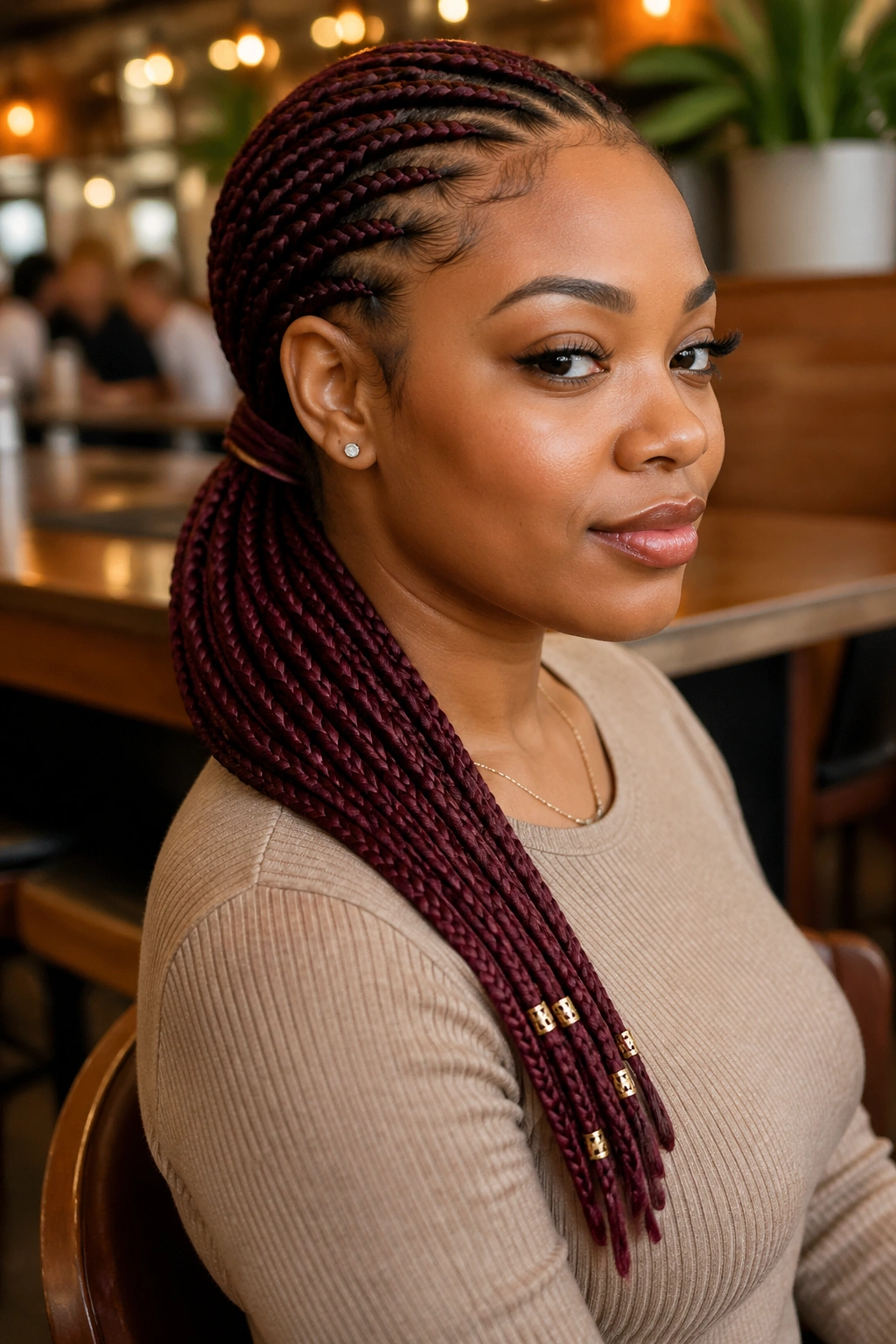 Close-up of maroon braided ponytail with cuffed ends on real person