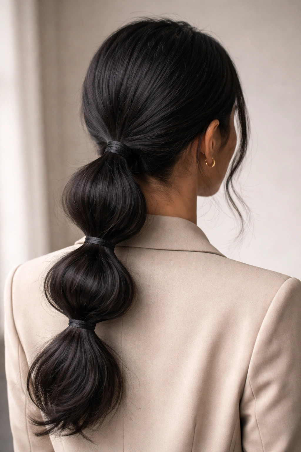 Back view of matte-textured bubble ponytail on dark hair with defined bubbles
