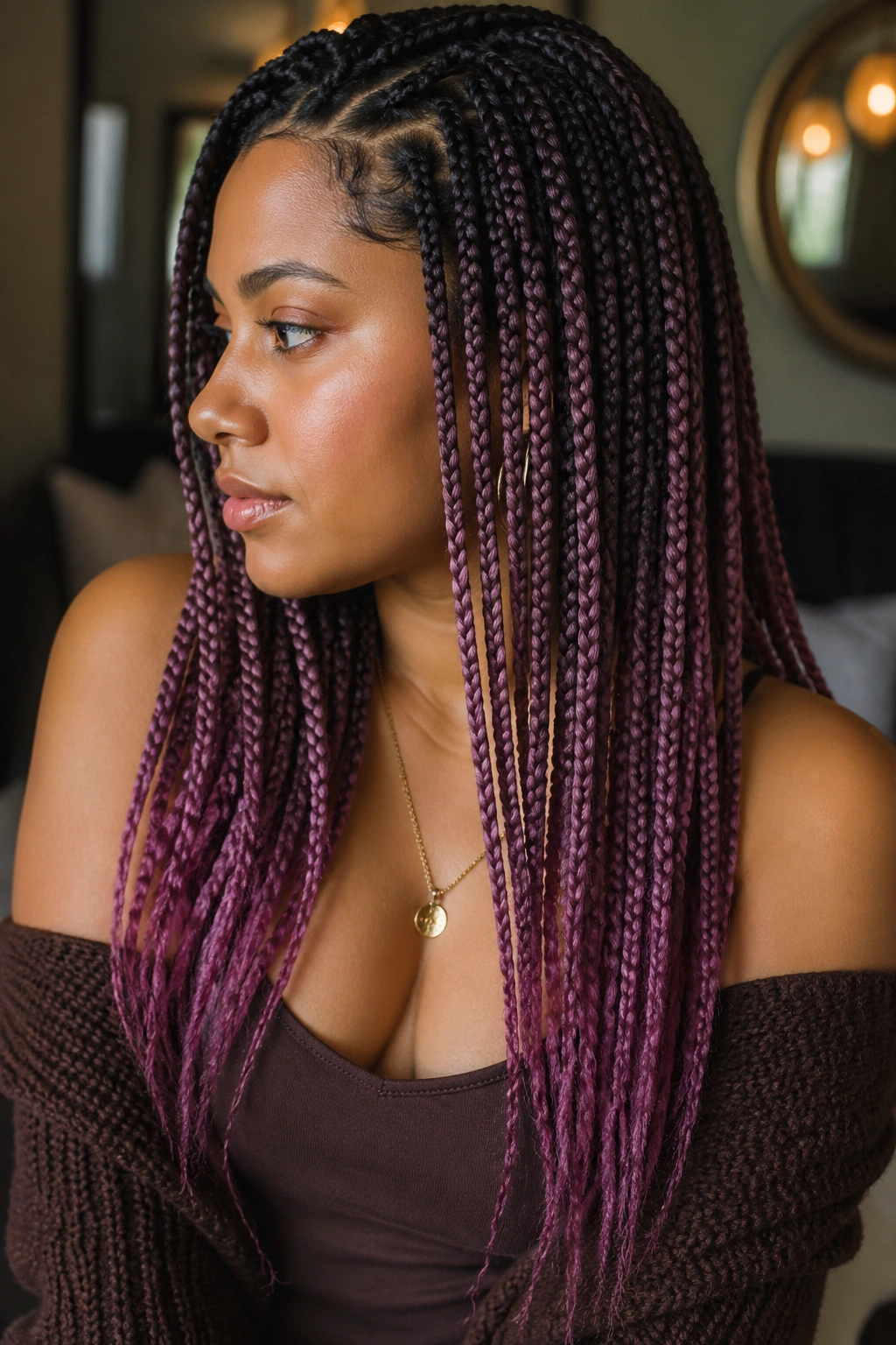 Close-up of a real woman with mauve and plum box braids.