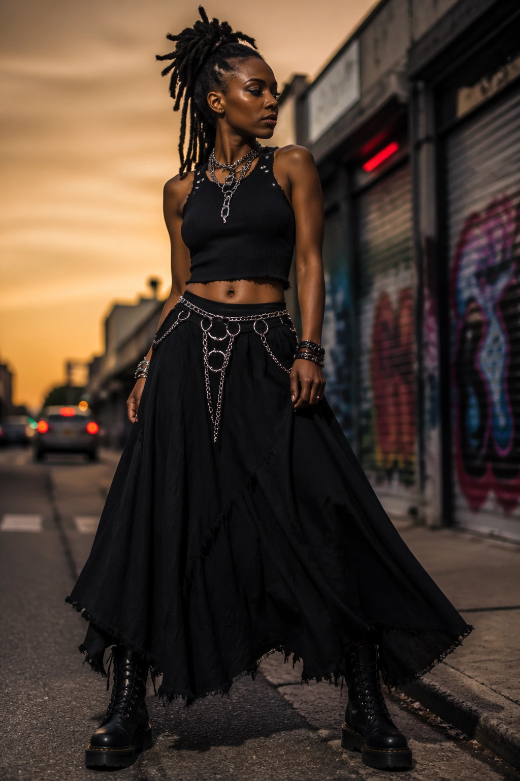 Mid-shot of a real woman in maxi skirt with chains and combat boots on a city street