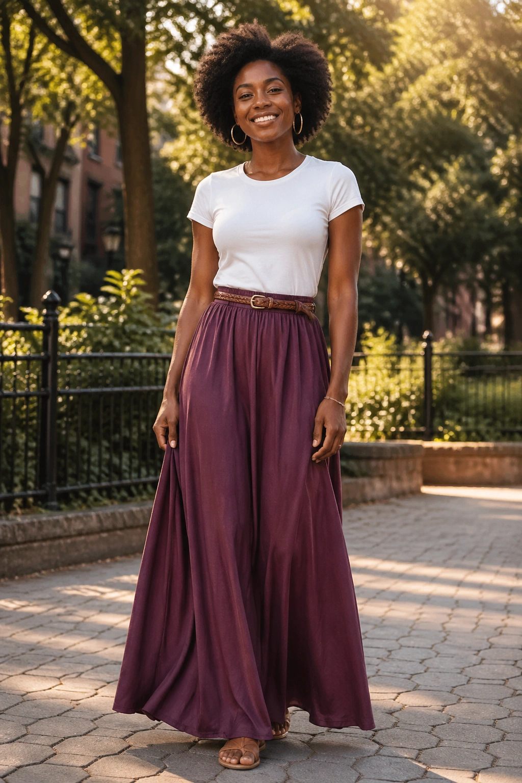 Woman in plum maxi skirt and fitted white tee in a city park at golden hour