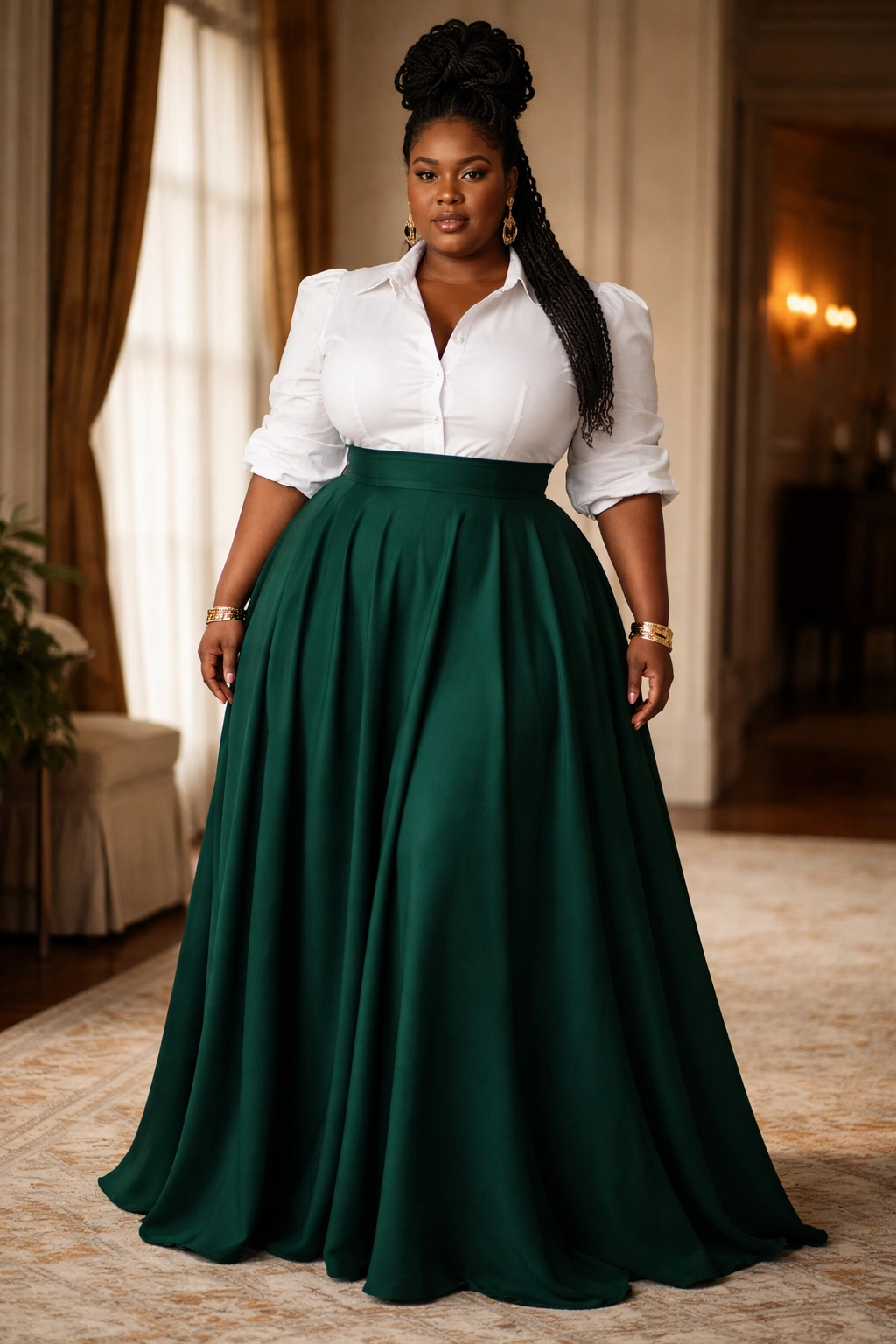 Plus-size model in regal maxi skirt with structured top indoors