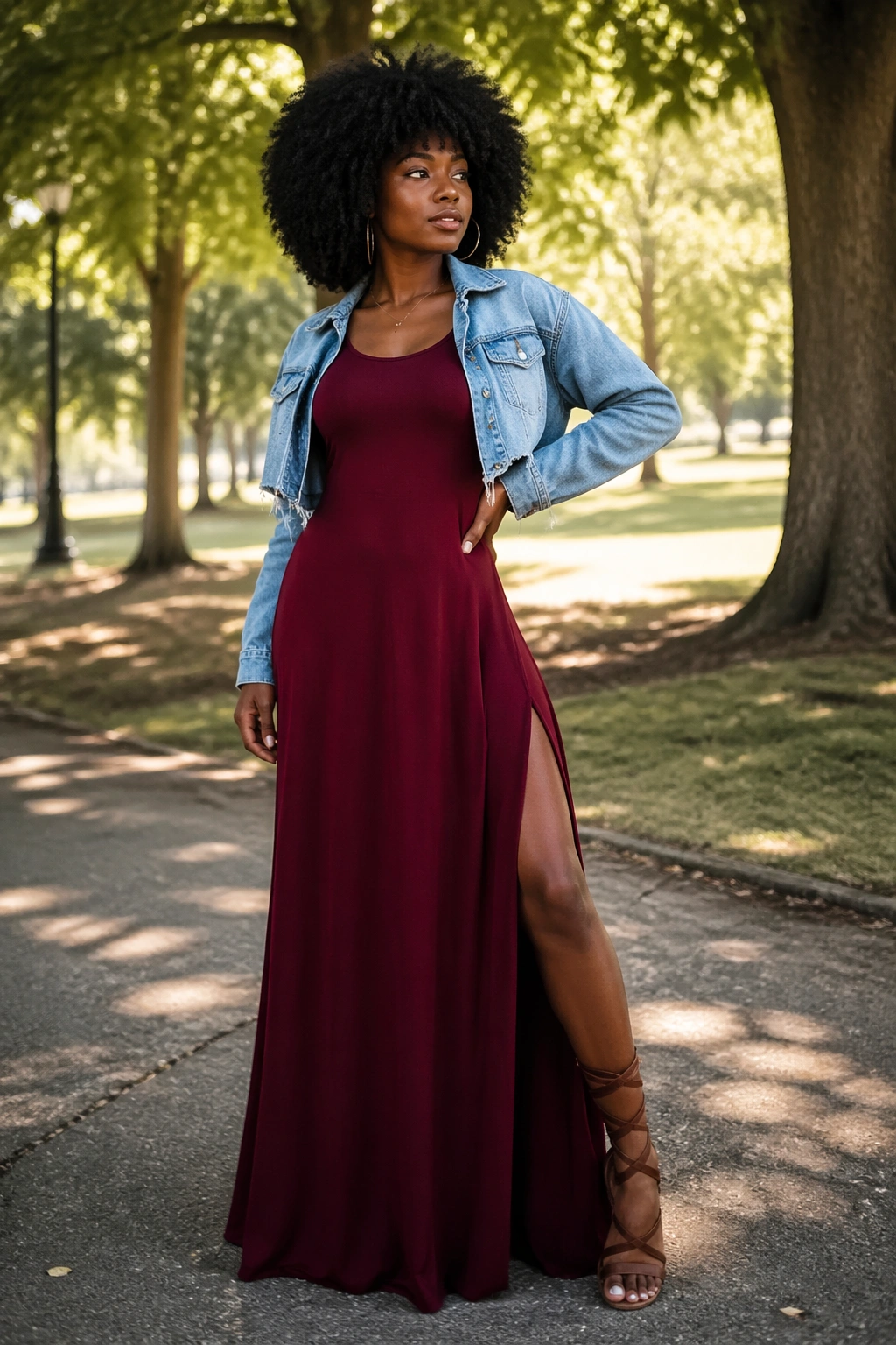 Woman in a maxi tank dress with side slits outdoors