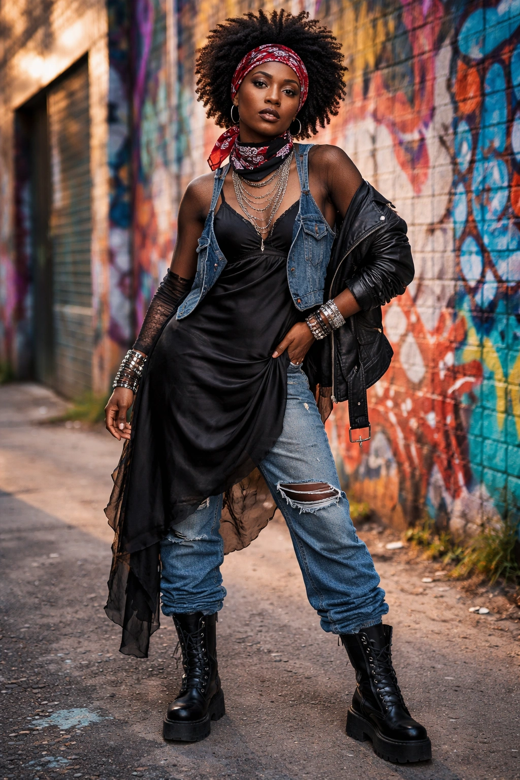 Real woman in maximalist afro punk layering outfit with multiple accessories