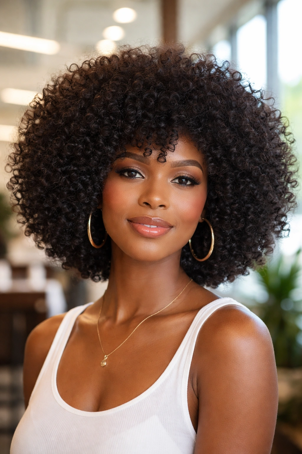 Close-up of a real woman with a maximized volume curly bob, fully picked-out coils