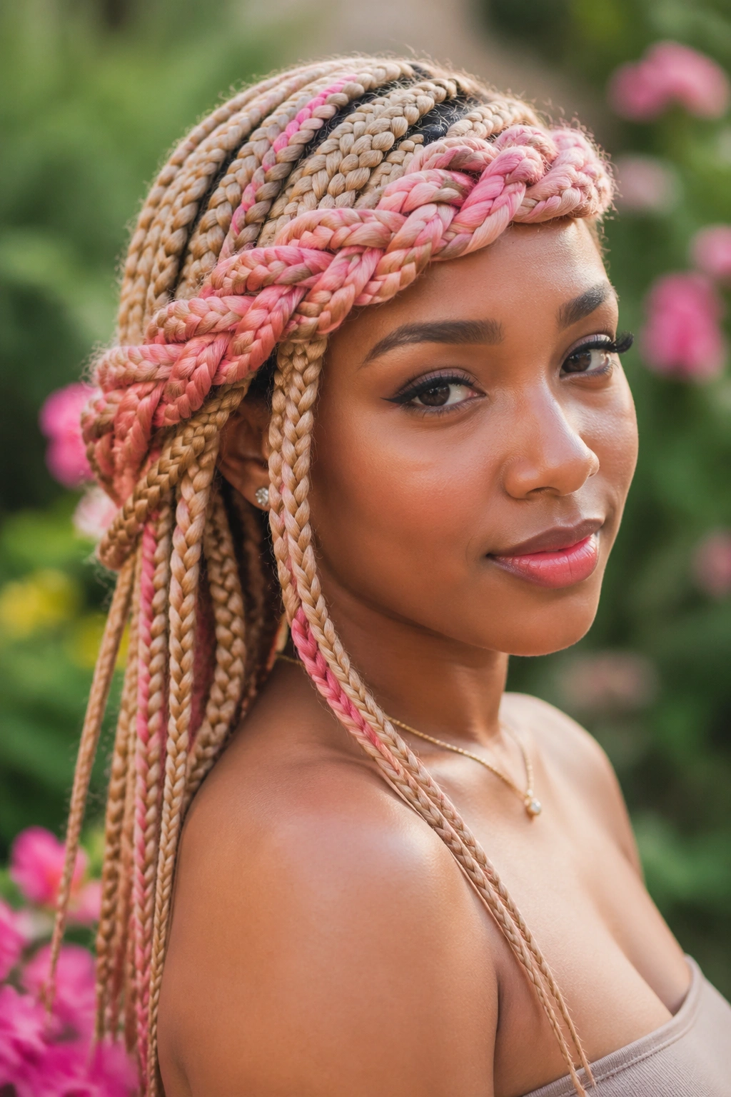 Portrait of a real woman wearing a braided crown with pink braids over blonde base