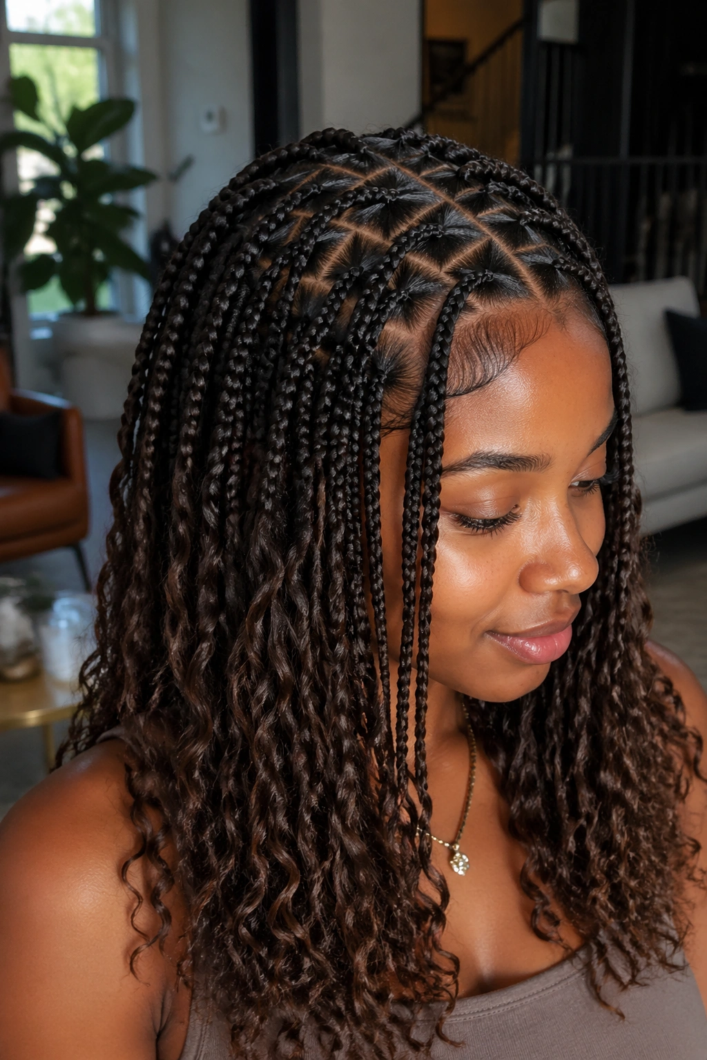 Close-up of medium boho box braids with triangle parts on a real person