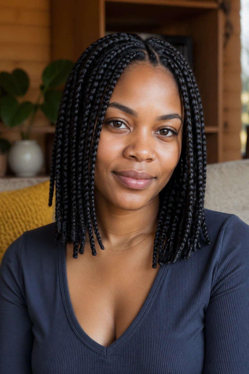 Close-up portrait of a woman with shoulder-length medium box braids