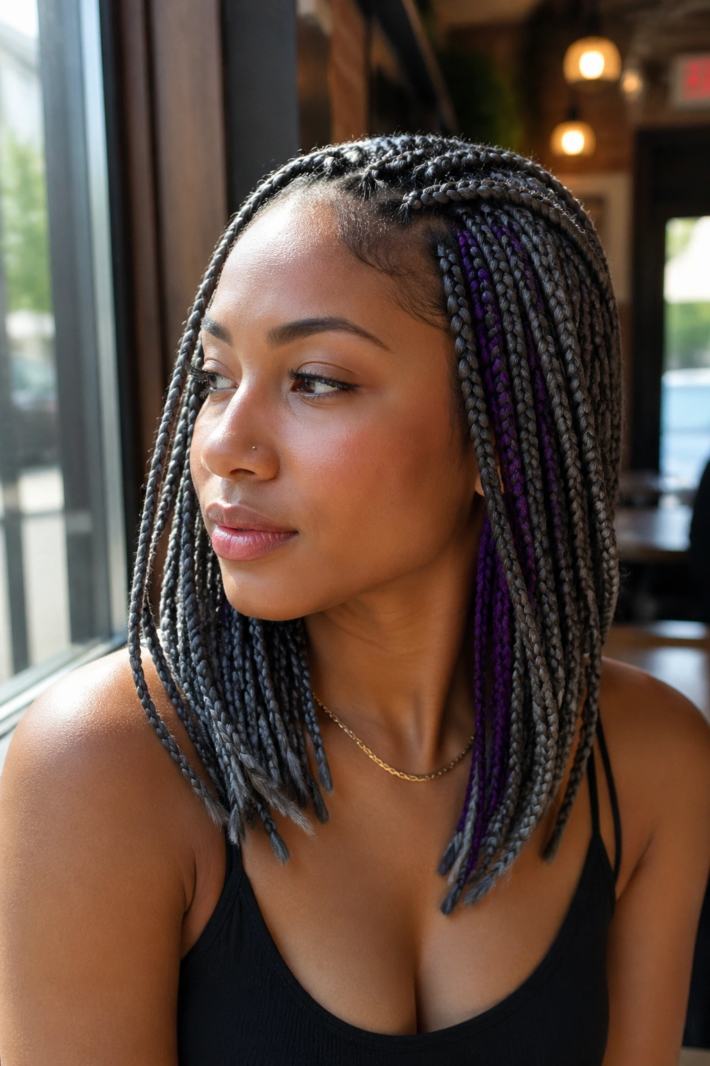 Close-up portrait of a real woman with medium grey box braids showing purple peekaboo layers.