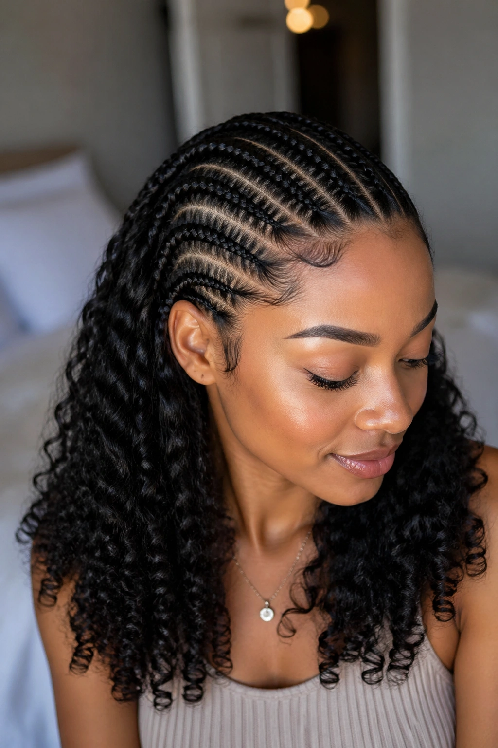 Real person close-up with medium cornrows and loose curls under soft natural light