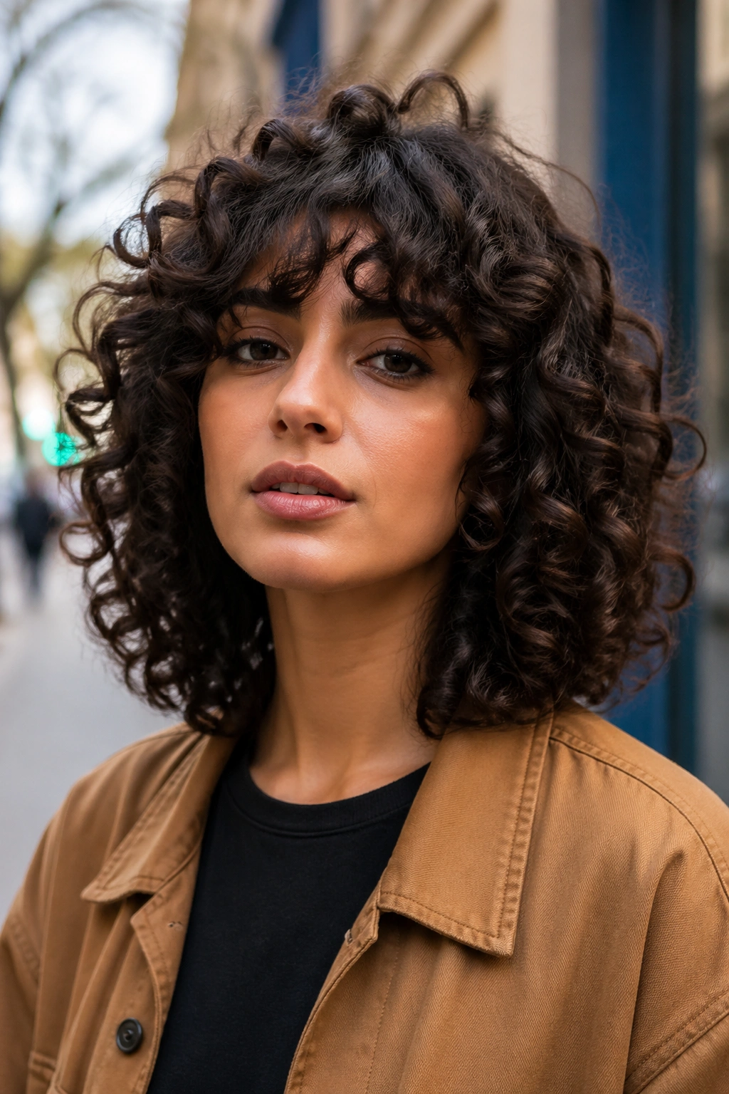 Portrait of a person with shoulder-length curly hair and bangs in an urban street setting