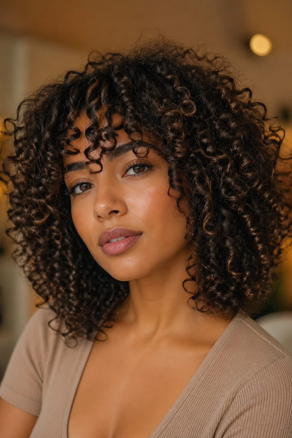 Portrait of a person with a chic medium-length curly haircut