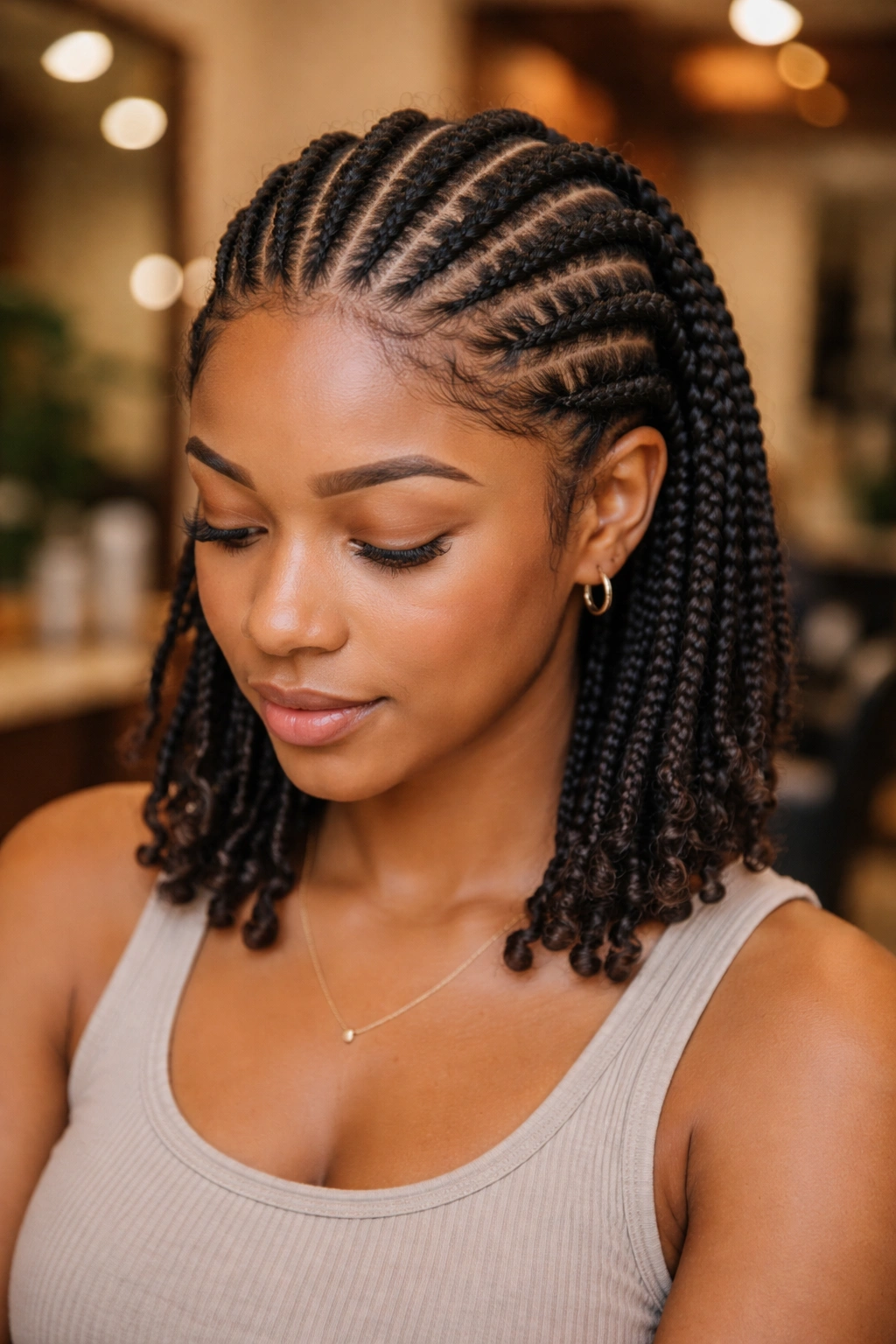 Real person with medium-length hair styled in neat cornrows