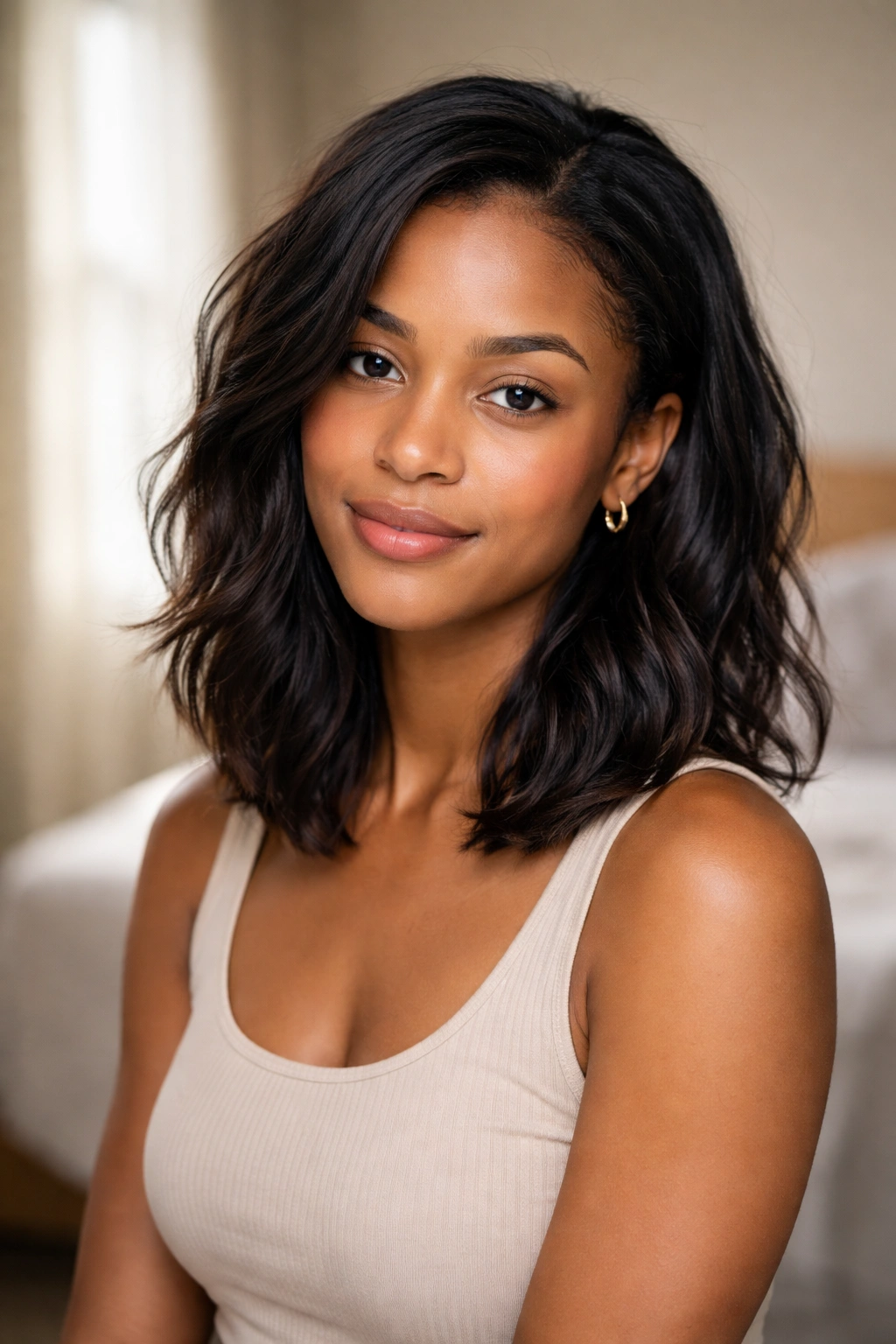 Close-up portrait of a real woman with medium-length collarbone hair