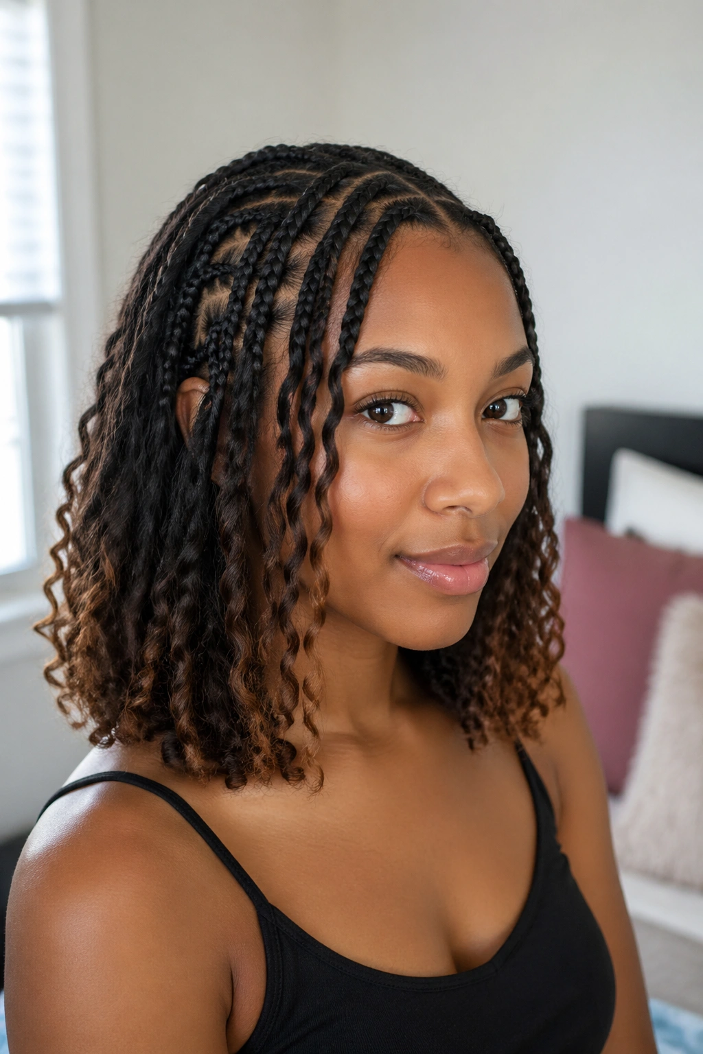 Close-up portrait of a real person with shoulder-length medium hair in window light