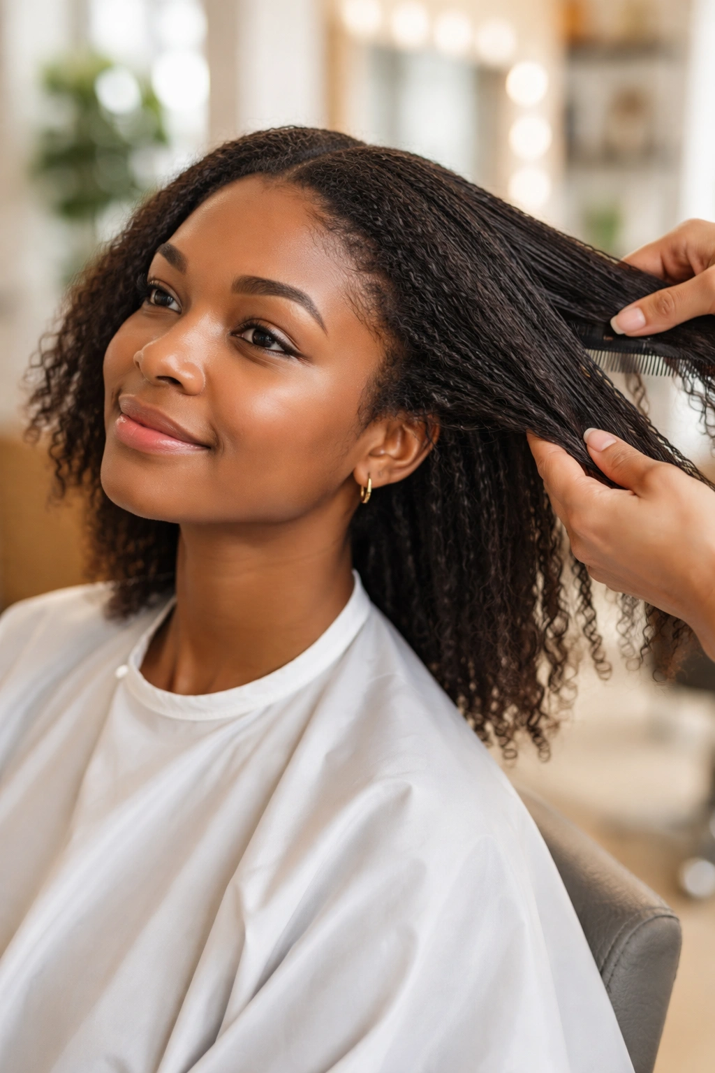 Real person with medium-length hair being prepped in a bright salon for braids