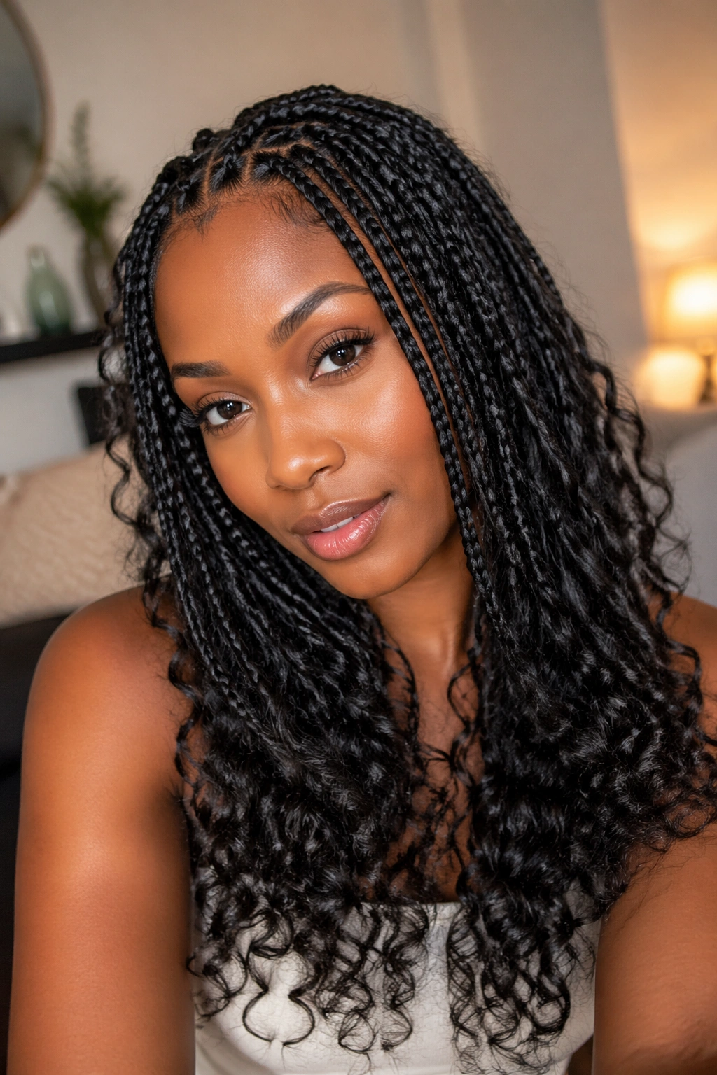 Real woman with medium knotless braids and bohemian curl ends