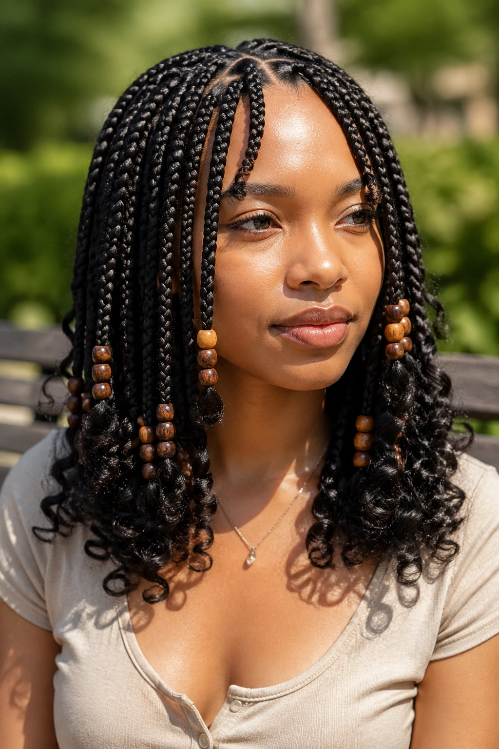 Portrait of a real woman with medium-length knotless braids and wooden beads outdoors.